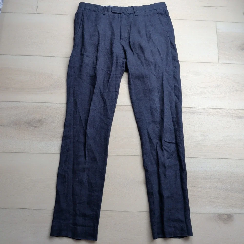 J.Crew Bowery Baird McNutt Irish Linen Pants Mens 32x34 (Fits 33x34) Navy Blue